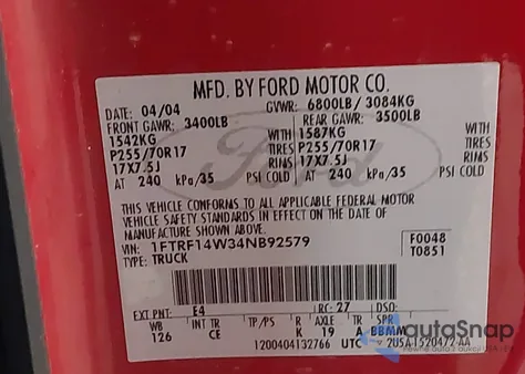 2004 Ford F-150 Stx/Xl/Xlt from USA, damaged, VIN 1FTRF14W34NB92579